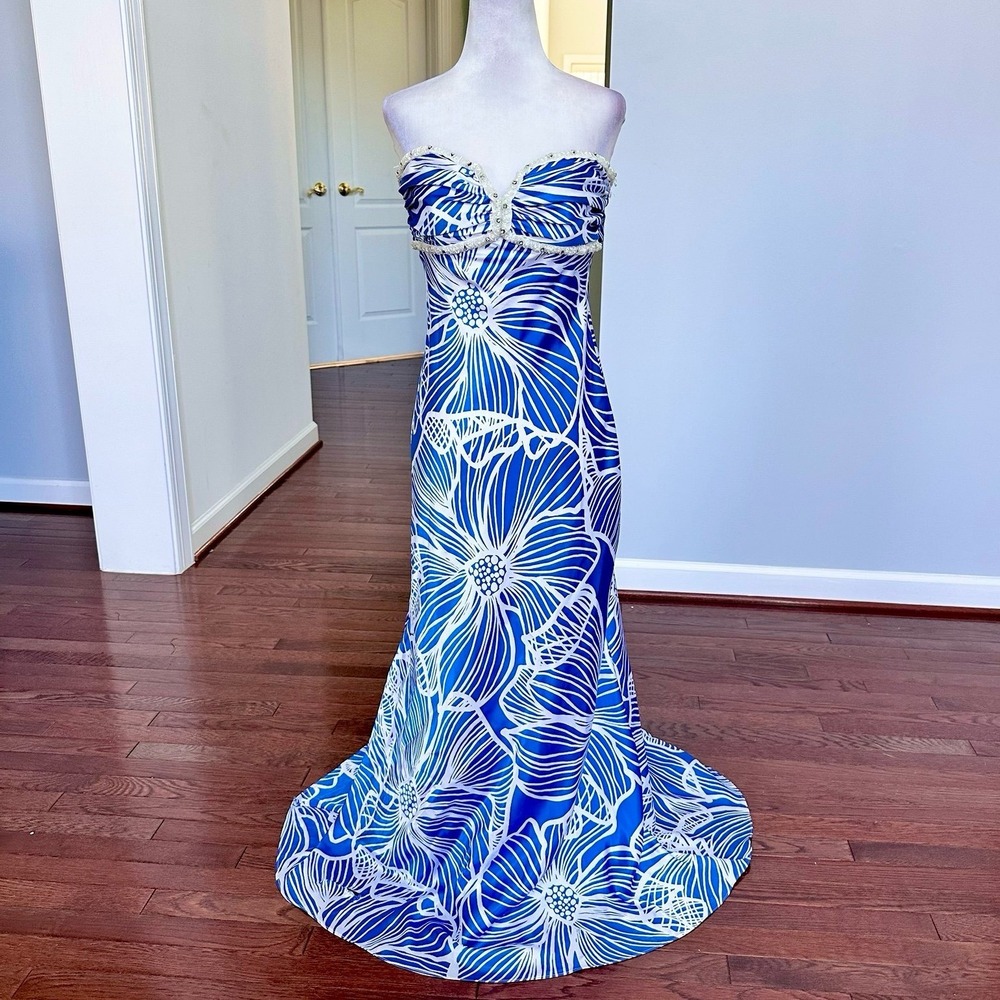 Vintage B Smart Blue White Floral Beaded Embellished Strapless Summer Gown Dress